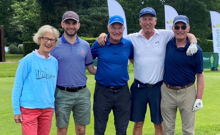 Julia Lamaison, Harry Lamaison, Ian Lamaison, Andrew Gardner and Chris Lamaison, who took part in a charity tournament at West Byfleet Golf Club