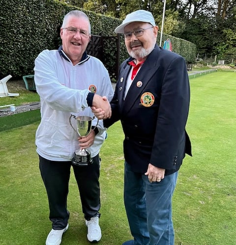 Men's Championship winner Andrew Boarer (left) with Mayford Hall Bowls Club president Bob Hills