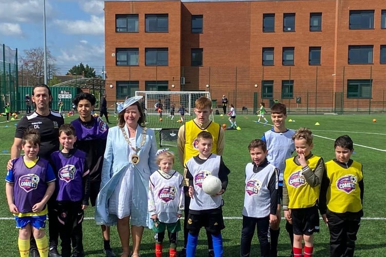 Abbey Rangers FC Disability Team with Cllr Shannon Saise-Marshall during her time as mayor of Runnymede Borough Council