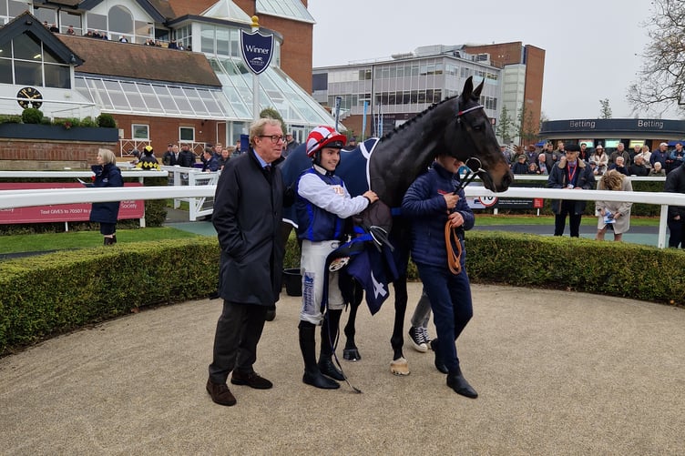 Bowtogreatness in the winners enclosure with owner Harry Redknapp and jockey Ben Jones (Photo: Peter Moore)