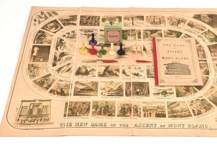 The New Game of the Ascent of Mont Blanc.Photo released December 1 2024. A rare early board game recalling a British climbing hero who captivated Victorian London is set to go up for auction.The New Game of the Ascent of Mont Blanc was so popular that it was extended to four editions from around 1855, inspired by Albert Smith  a household name who climbed Mont Blanc in 1851.He went on to publish a book and launch a hit play based on his experience at Londons spectacular Egyptian Hall  which ran for more than 2,000 performances over six years and was even performed in front of Queen Victoria and Prince Albert on the Isle of Wight. Its popularity culminated in the foundation of the Alpine Club in 1857, with Smith as one of the original members.