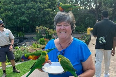Judy with local parrots. Meet the widow who embarked on a £10k solo backpacking trip after losing her husband and mum in three months. Judy Condie, 63, lost her husband, Richard, of 44 years after an eight-year battle with cancer after losing her mum, Mary, just months earlier - leaving her feeling "empty". Her eight-year-old dog Jet died too and faced with her first harsh English winter alone she used her savings and booked a five-month trip to Australia and New Zealand in a bid to cope with her grief. Judy made the plan to go abroad when she found out Richard's cancer was terminal and says she "couldn't just wait for him to pass away and wonder what to do after".