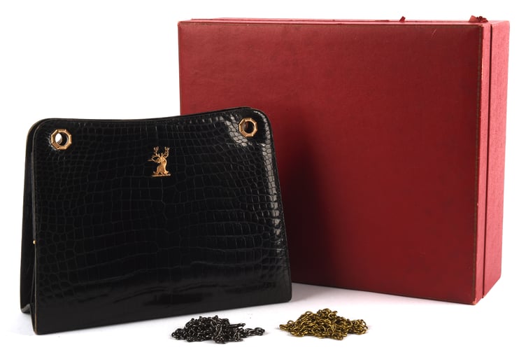 CARTIER rare exotic leather boxed vintage black crocodile leather A-framed rigid handbag