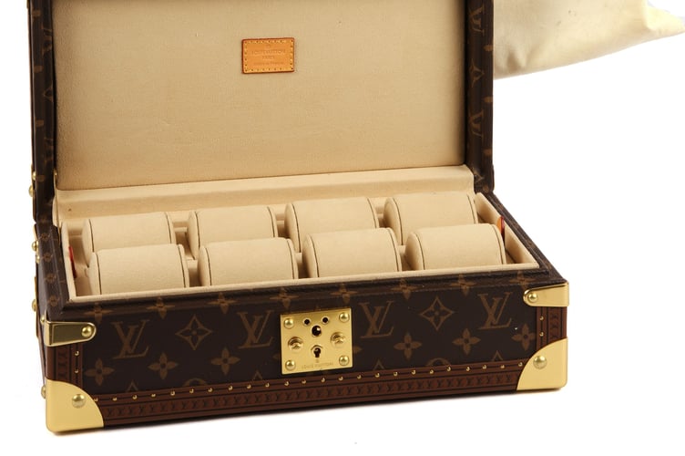 LOUIS VUITTON A rare monogrammed canvas and leather eight compartment Coffret Trunk unisex watch storage box