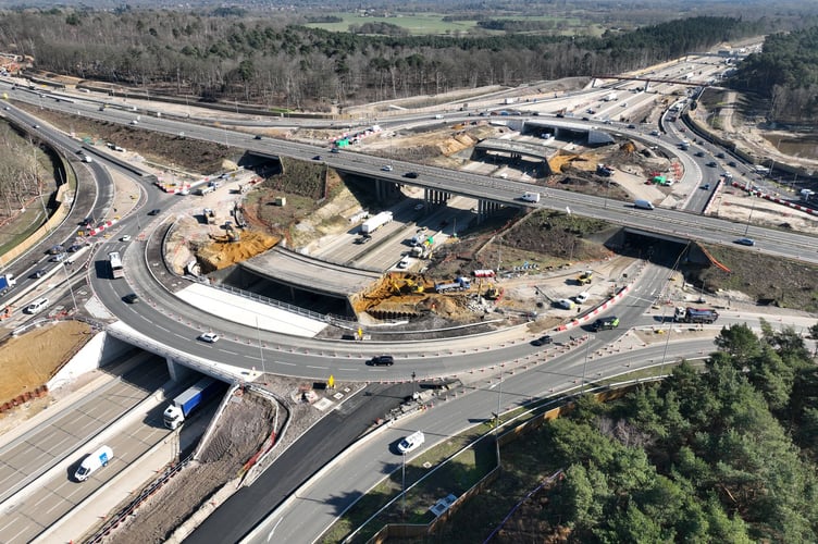 An aerial view of the new gyratory at M25 J10. The bridge that will be demolished this weekend can be seen in the background, with the bridge that will be demolished in two weeks' time in the foreground.