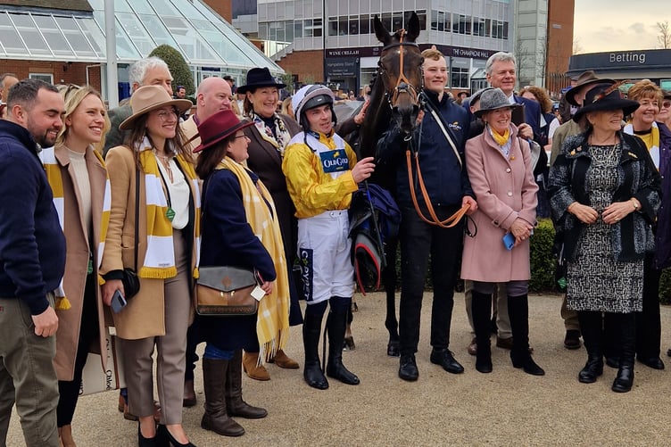 John Barbour at Newbury with jockey Jonny Burke and owners Old Gold Racing syndicate (Photo: Peter Moore)