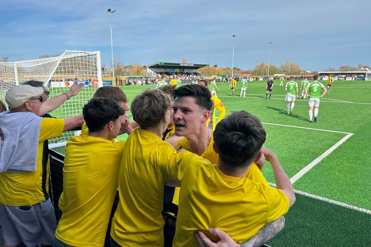 Westfield's players celebrate their equaliser with Sam, Oscar, Matt and Will