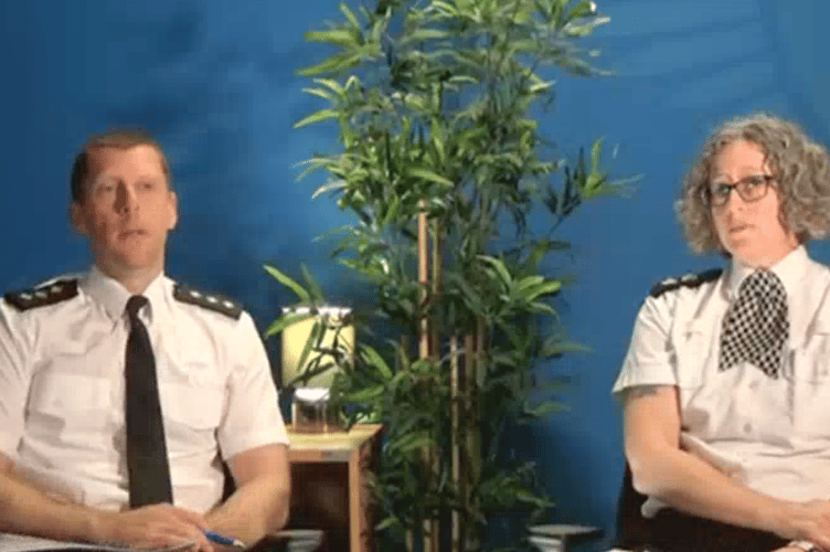 Surrey Police's Chief Superintendent Juliet Parker, strategic lead for neighbourhood policing and Chief Inspector Andy Hill. force lead for business crime, address a press conference.