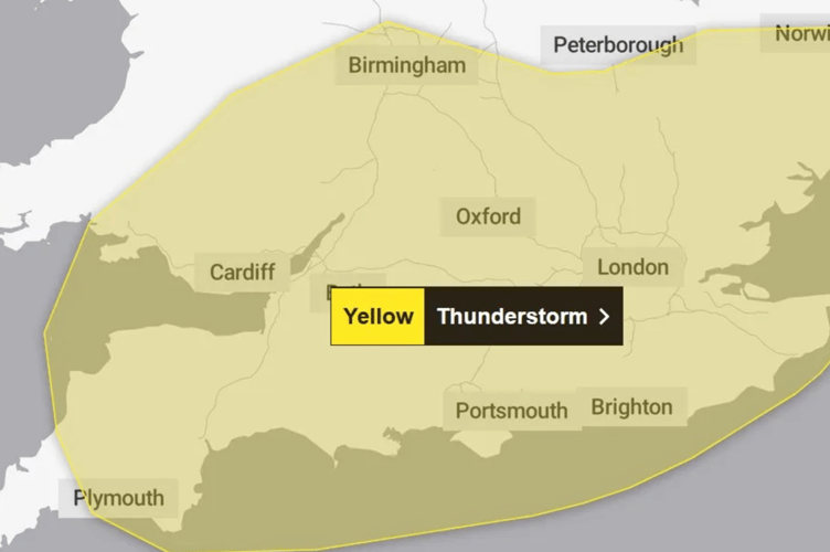 Met Office Yellow thunderstorm warning for southern England for June 7, 2025