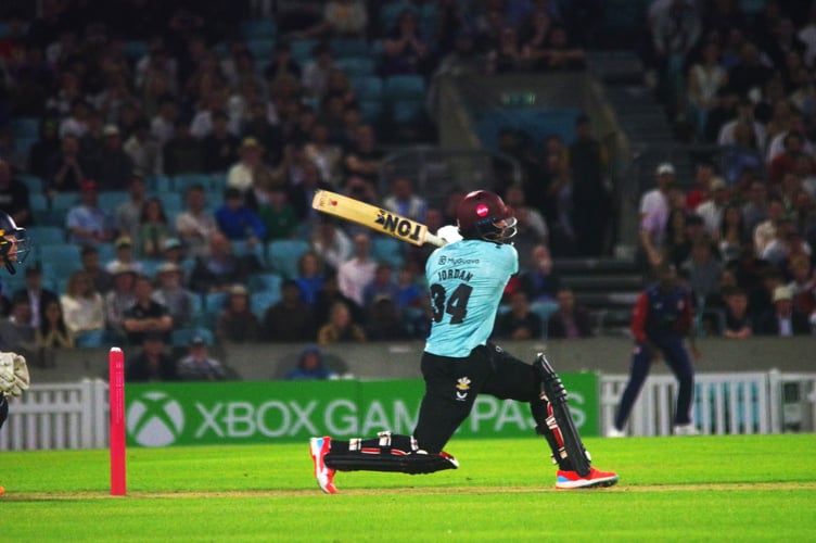 Surrey's Chris Jordan hits the winning four off the last ball of the Vitality Blast match against Kent at the Kia Oval on June 12th 2025.