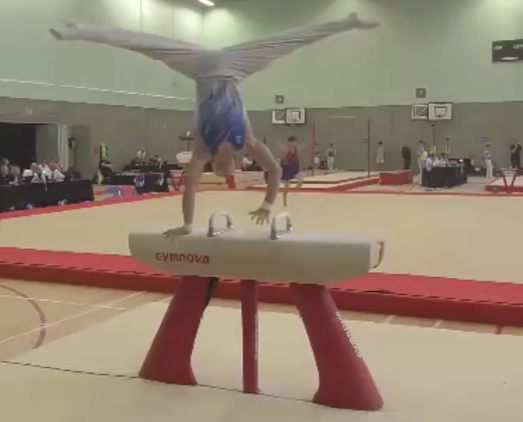 A Woking gymnast competes on the pommel horse, Basildon Sporting Village, June 7th and 8th 2025.