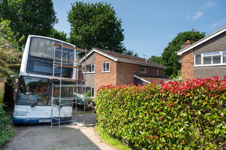 General views of the bus on Wendy Salmonâs drive who is being forced to move her bus from her front garden. Frimley, 13th June 2025 A woman has been slapped with an ASBO and forced to remove a bus being renovated in her drive - after complaints from 'snobby' neighbours it was 'ruining the ambience.' Wendy Salmon parked the vehicle on the drive at the end of a cul-de-sac in a posh Surrey street as she wanted to turn it into a cafe business. But she accused one neighbour of 'rallying' the street against her by complaining. And despite the council accepting she was 'not breaking any laws' she has been hit with a CPN and ordered to remove it by 20 June following a bitter two year legal battle.