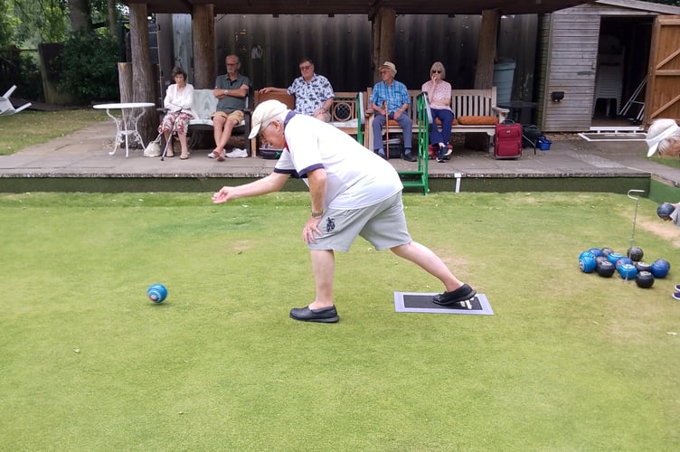 Mike Alderman playing for Mayford Hall Bowls Club against Stoke Park, June 21st 2025.