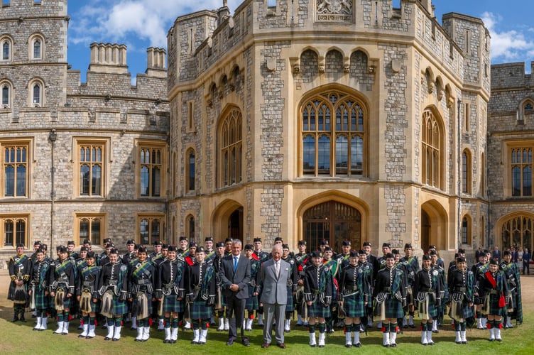 Gordon's School Pipes and Drums Band with King Charles III at Windsor Castle