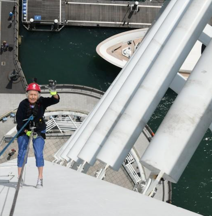 June Fenn abseils down the Spinnaker Tower at Gunwharf Quays in Portsmouth on June 15th 2025.