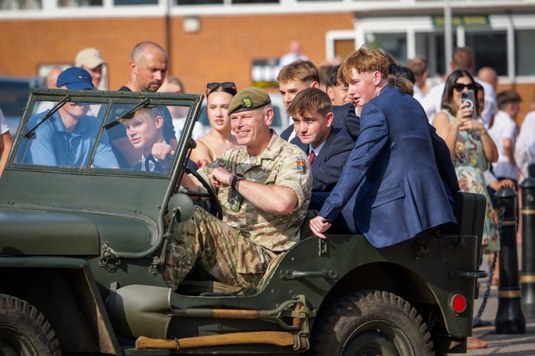 An army jeep transports Charley Hall, James Dove, Elijah Heathcote and Jonty Simpson