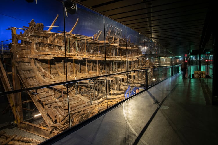 The hull of the Mary Rose Tudor ship at Portsmouth Historic Dockyard.