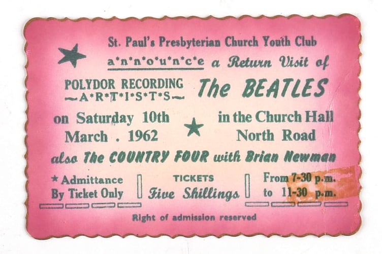 The Beatles ticket for St Paul's Presbyterian Church Youth Club gig.