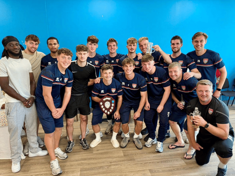 Knaphill FC with the Dave Taylor Shield following their 5-1 win at Sheerwater FC on August 9th 2025.