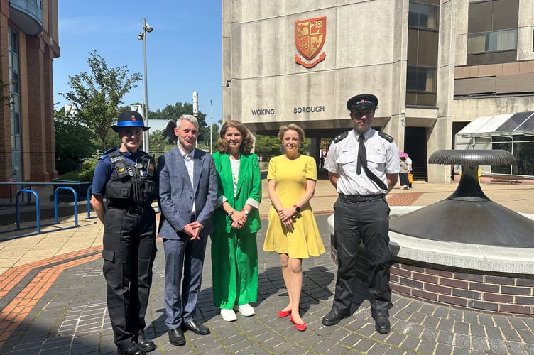 Woking MP Will Forster, Dame Diana Johnson, Surrey Police and Crime Commissioner Lisa Townsend, and Woking Borough Commander Inspector Ed Lyons join forces to launch the Safer Streets summer blitz tackling shoplifting and anti-social behaviour in Woking town centre