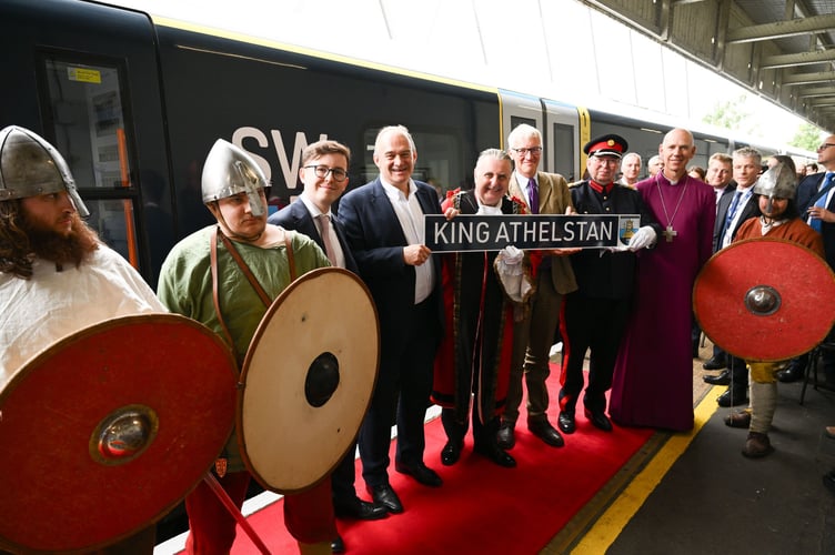 Saxons, Joseph Silke of SWR, Lib-Dem leader and local MP Sir Ed Davey, Mayor of Kingston, Tom Holland, Deputy Lieutenant Martin Hislop, and the Bishop of Kingston with the King Athelstan train.