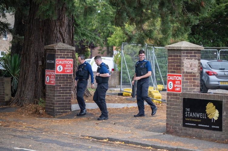 Security guards at the Stanwell hotel that's being used to house migrants. Stanwell, Surrey. // Villagers have hit out at the government after a hotel was turned into asylum seeker accommodation â claiming they feel âintimidatedâ by single male migrants. The Stanwell Hotel near Heathrow initially closed its doors to the public in 2022 â after the Home Office announced plans to use the premises to house migrants. The move meant many locals lost their jobs and were forced to say goodbye to a beloved community premises â used for events like weddings, funerals, and Christmas and New Yearâs celebrations. Initially, the hotel housed families seeking asylum in the UK, who, according to residents, made an effort to integrate with the community and posed no issues.