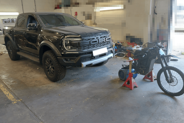 The black Ford Ranger Raptor driven by Alex Rose, and the Talaria Sting electric bike ridden by William Birchard and Darren George.