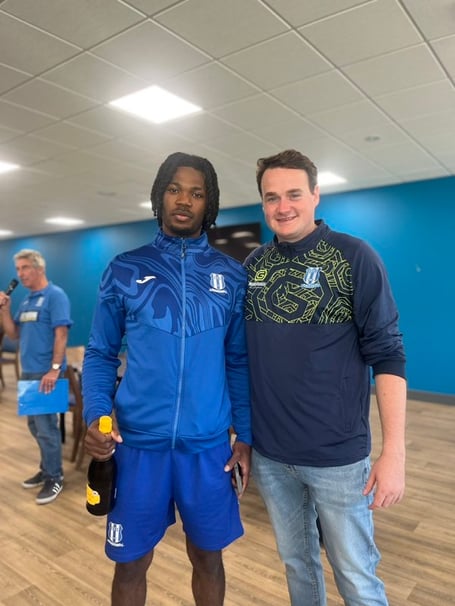 Sheerwater man-of-the-match Emeka Okakpu (left) with coach Luke Stone (Photo: Sheerwater FC)