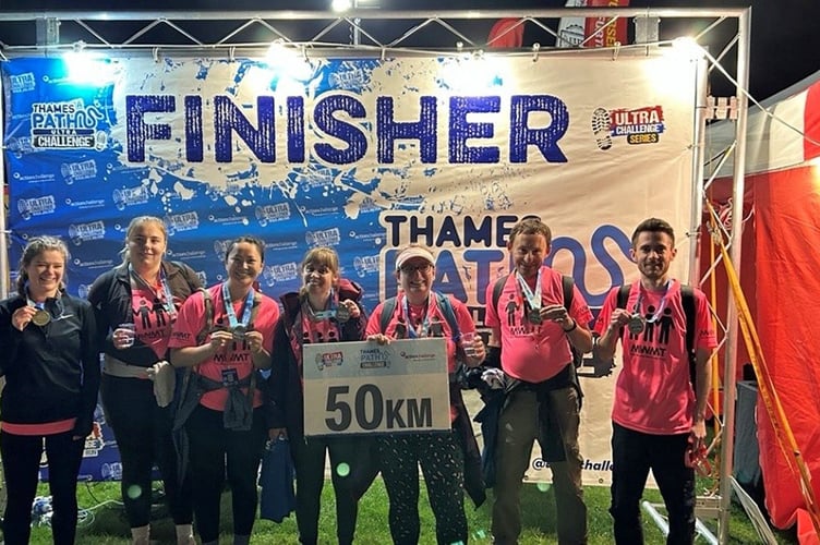50KM COVERED: From left, Emily Bromley-Ellis, Tilly Mitchinson, Lisa Rai, Sophie Venton, Debbie Saunders, Stephen Pointer and Matt Creasey