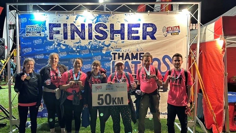 50KM COVERED: From left, Emily Bromley-Ellis, Tilly Mitchinson, Lisa Rai, Sophie Venton, Debbie Saunders, Stephen Pointer and Matt Creasey