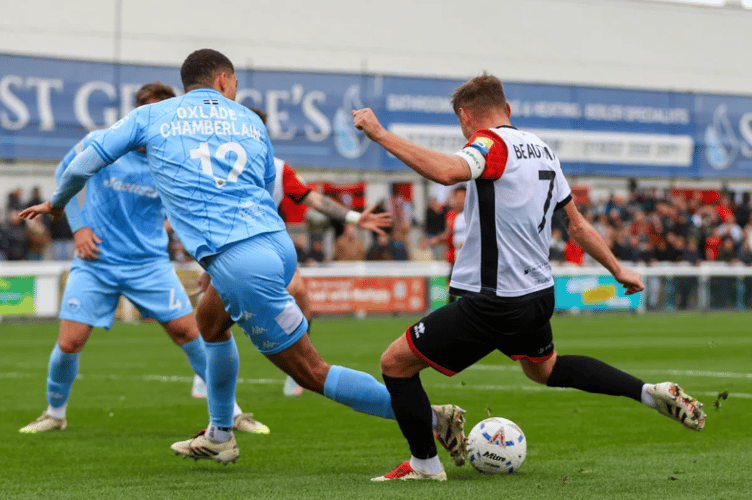 Harry Beautyman puts Woking 1-0 up against Truro City at Kingfield, Woking, October 4th 2025.