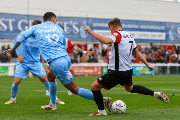 Harry Beautyman puts Woking 1-0 up against Truro City at Kingfield, Woking, October 4th 2025.