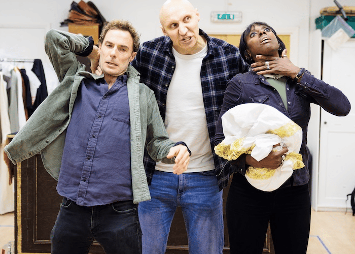 From left: Samuel Collings, Daniel Scott-Smith and Natasha Bain rehearse Frankenstein for the Guildford Shakespeare Company, October 2025.