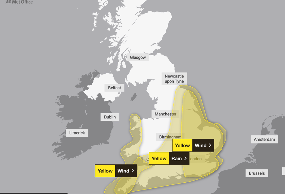 Yellow wind and rain warning for South East