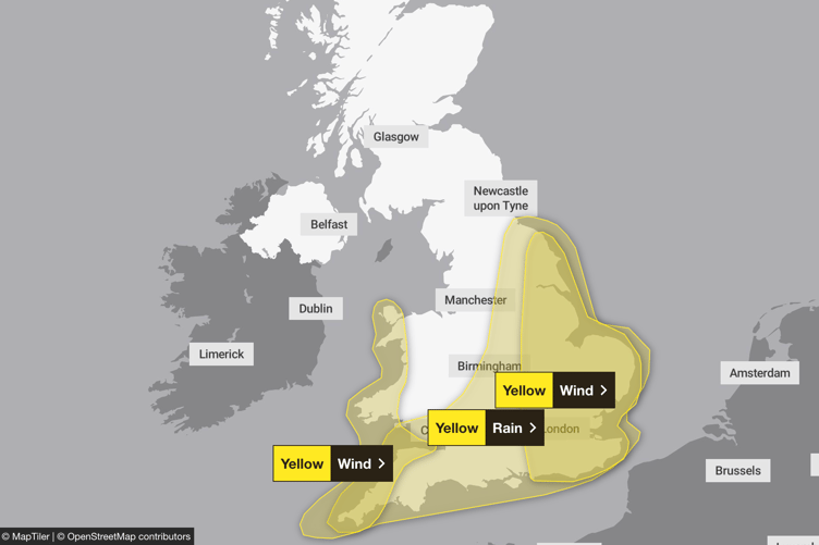 Yellow weather warning issued for Thursday, October 23 2025 across the South and East of the UK