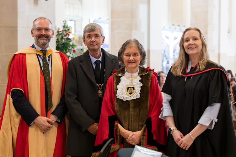 Left to right - Dr Steven Berryman, Senior Deputy Head, Sir William Perkins’s School, Councillor Margaret Harnden, Mayor of Runneymede and Consort, Ms Debbie Picton, Head, Sir William Perkins’s School