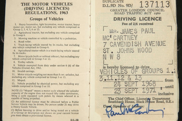 Paul McCartney's 1968 driving licence.