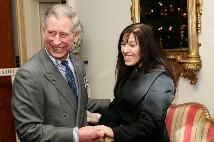 Nina Barough CBE with Walk the Walk ’ s patron, the then Prince of Wales, now his majesty King Charles III at a Clarence House reception to celebrate ten years of Walk the Walk . The King has been Walk the Walk ’ s patron since 2004
