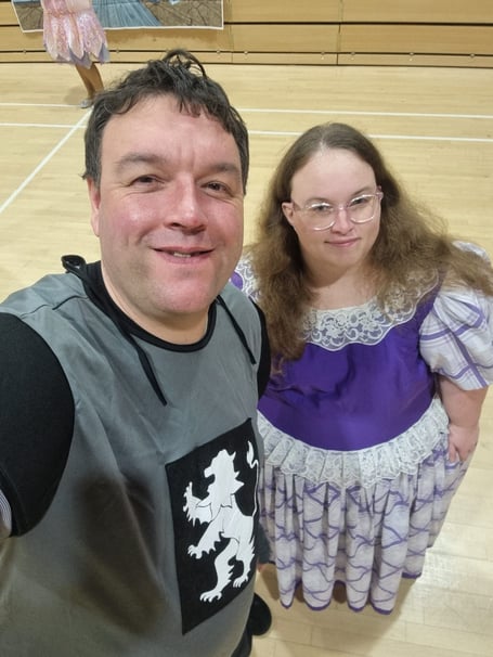 Jon and Emma in costume for the Sleeping Beauty panto