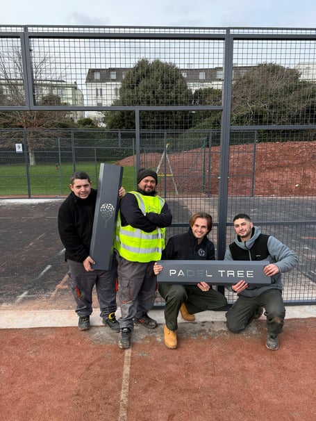 Dylan Shawyer, founder of Padel Tree, with some of his team, who are helping bring the new Fairoaks Airport padel venue to life. Credit: Dylan Shawyer