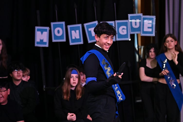 Pupils from Collingwood College in Camberley act out a knife-wielding scenario in a production of Romeo and Juliet as part of Guildford Shakespeare Company's Put Up Your Swords knife crime awareness programme, November 10th 2025.
