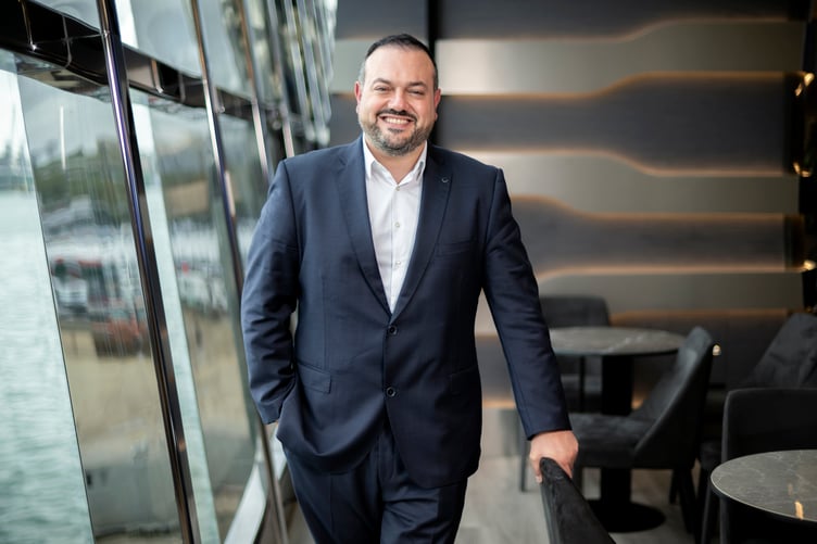 SOUTHAMPTON, ENGLAND - OCTOBER 13: (from left) Antonio Paradiso, Managing Director of MSC Cruises UK & Ireland, Steve Masters, Southampton Harbour Master, and Captain Christopher Pugh, the shipâs master, during the traditional crest exchange ceremony on board MSC Euribia as the port of Southampton today welcomed the first call of MSC Euribia, ready to begin her winter sailings around Northern Europe on October 13, 2023 in Southampton, England. (Photo by Anthony Devlin/Getty Images for MSC Cruises)