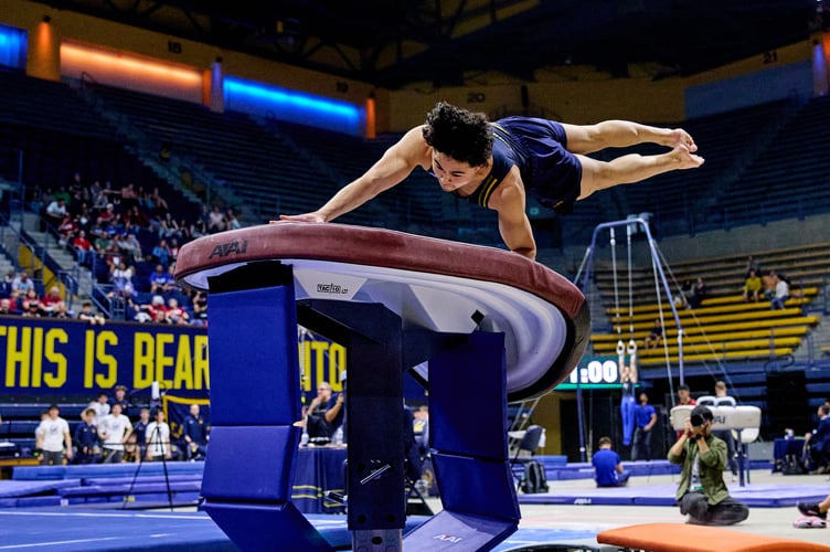 Jasper Smith-Gordon competing in vault for UC Berkeley (Photo: Woking Gymnastics Club)