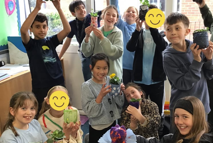 Year 5 Cedar class plant flowers with recycled bottles