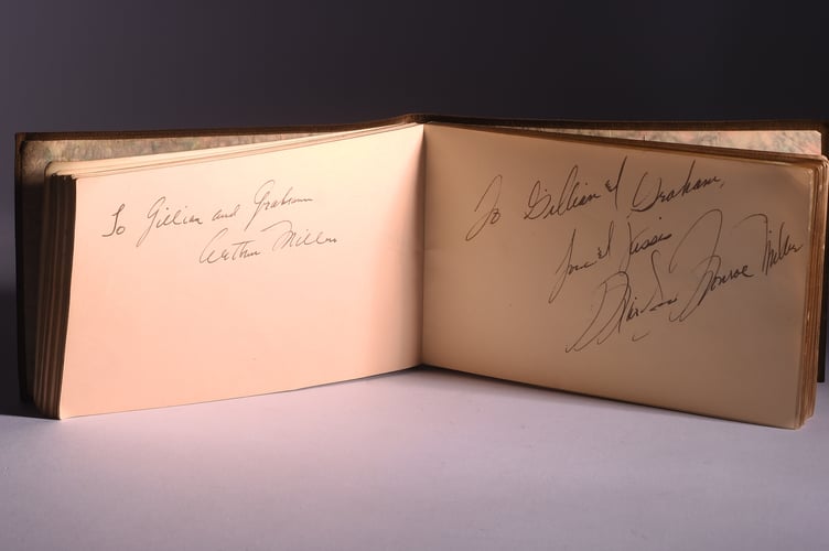 The book with the autographs and dedications from Arthur Miller, left, and Marilyn Monroe, right.