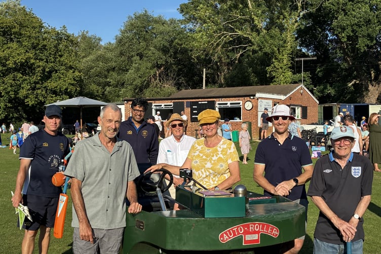 From left: Head coach Nico Theologo, treasurer Vic Shipp, coach Pradeep Lekkala, president Martin Cutmore, Woking South Surrey county councillor Louise Morales, facilities manager Ronnie Judge and Mount Hermon Woking borough councillor Ian Johnson, Old Woking Cricket Club, June 20th 2026.