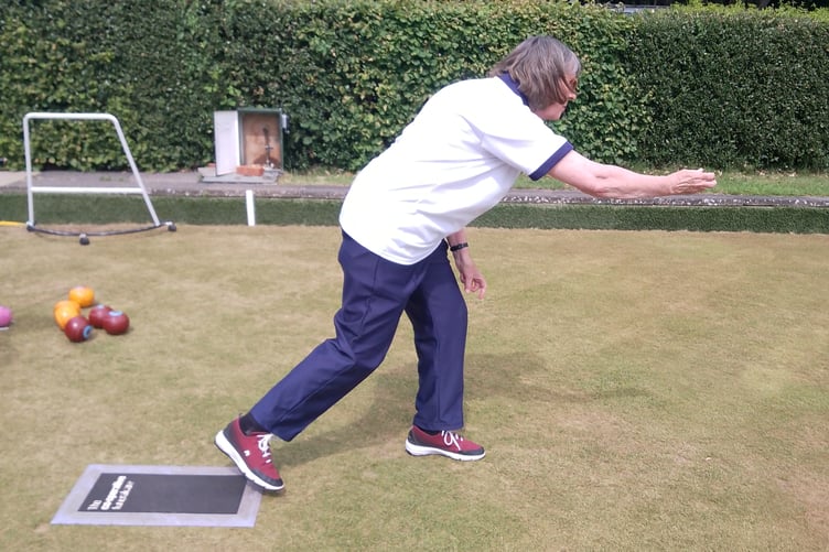 Carol Basgallop playing for Mayford Hall Bowls Club against Westfield, June 28th 2026.