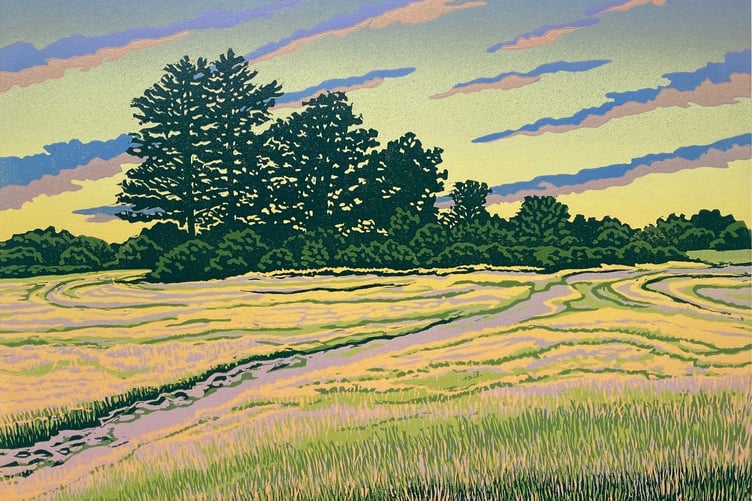 Reduction linoprint Summer Evening by Farnham artist Shirley Watson, 2026.