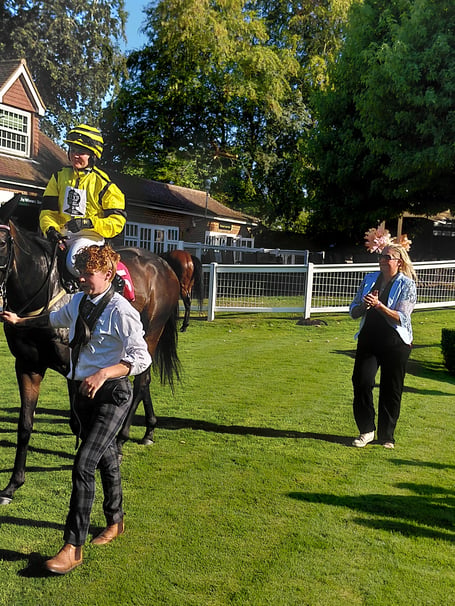 Brocklesby Bill at Sandown with jockey Laura Coughlan and trainer Kathy Turner (Photo: Peter Moore)