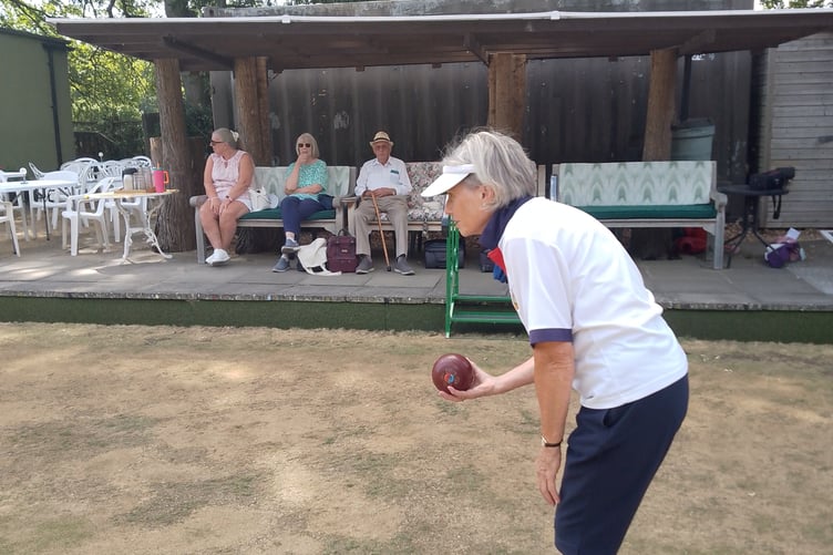 Pauline Newton bowling against Farnham